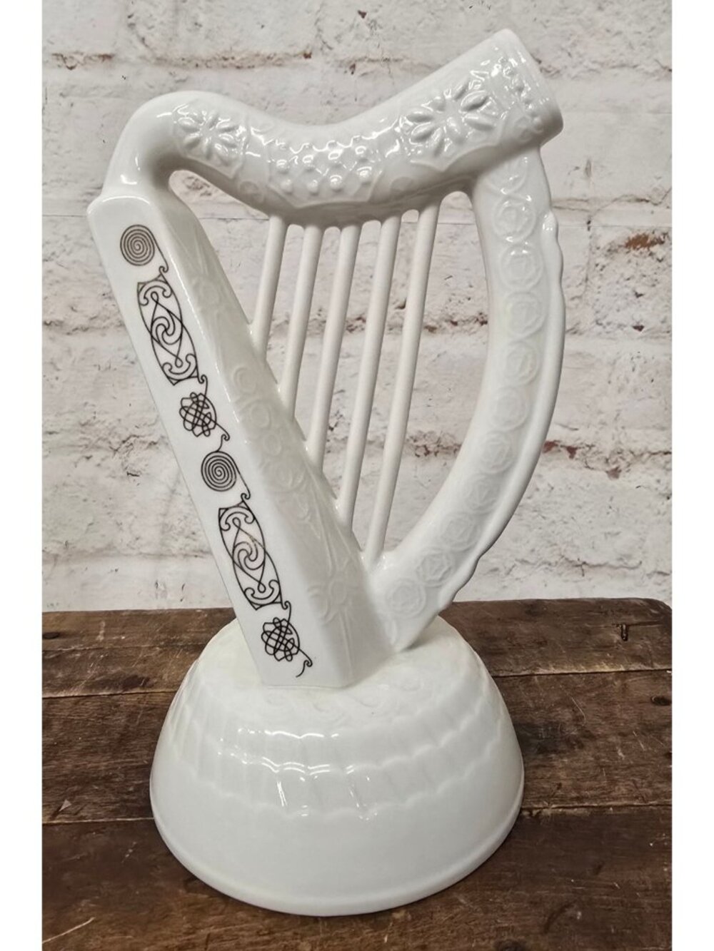 Irish Parian Donegal China Trinity Harp Figurine White Celtic Knot Design